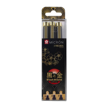 SET PENNE SAKURA PIGMA MICRON BLACK & GOLD N. 01 03 05