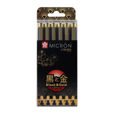SET PENNE SAKURA PIGMA MICRON BLACK & GOLD 005 01 02 03 08 05