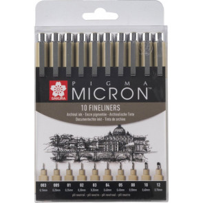 SET PENNE SAKURA PIGMA MICRON 10 FINELINER NERO MISURE ASSORTITE
